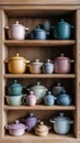 Colorful ceramic pot set displayed on wooden kitchen shelf Royalty Free Stock Photo