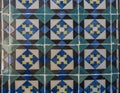 Colorful ceramic tiles from facade of old houses in Lisbon Portugal. Portuguese traditional Azulejos decorative artistic Royalty Free Stock Photo