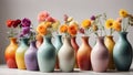 Vibrant Ceramic Vases with Spring Flowers, AI-generated.