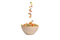 Colorful cereal box for morning breakfast. Corn flakes falling to the white bowl. Motion Royalty Free Stock Photo