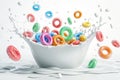 Colorful Cereal Splash: Vibrant Fruit Loops in Milk.