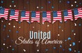 Colorful chain, garland, bunting of USA flags decoration for July 4 Independence Day. Patriotic Symbolic Decoration for