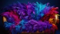 A colorful chair covered in feathers on a dark background, AI