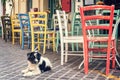 Colorful chairs of a restaurant terrace in a prdestrian street of the old town of Chania in Crete Greece Royalty Free Stock Photo