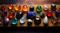 colorful chakra stones on wooden surface
