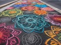 Colorful chalk art mandala on sidewalk