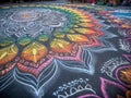 Colorful chalk art mandala on sidewalk