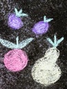 Chalk drawing on asphalt. Tasty fruits: apple, pear and plums