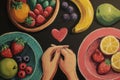 Colorful chalk drawing of fruit plates with hands forming a heart shape Royalty Free Stock Photo