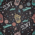 Colorful chalk painted seamless pattern with snowflakes, mittens, 2017