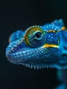  a colorful chameleon against a blurred black and blue background