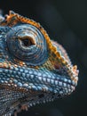  colorful chameleon against a blurred black and blue background