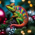 A colorful chameleon blending in with a Christmas tree adorned with ornaments2