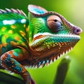 A colorful chameleon blending seamlessly into a lush, green background poses for its portrait1