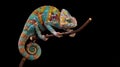 Colorful chameleon on a branch isolated on a black background. Royalty Free Stock Photo