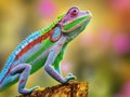 Colorful chameleon in green, blue and purple colors standing on a piece of wood