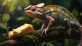 Chameleon Contemplating Cheese: A Whimsical Wildlife Still Life Composition Royalty Free Stock Photo