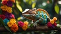 Vibrant Chameleon on Branch Adorned with Colorful Roses Royalty Free Stock Photo