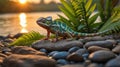Vibrant Panther Chameleon on Rocks at Sunset near River Royalty Free Stock Photo