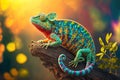 Colorful chameleon on a tree branch. Generative AI