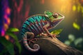 Colorful chameleon on a tree branch. Generative AI