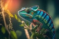 Colorful chameleon on a tree branch. Generative AI