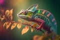 Colorful chameleon on a tree branch. Generative AI