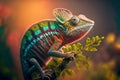 Colorful chameleon on a tree branch. Generative AI