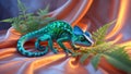 Elegant Chameleon Resting on Orange Satin with Fern Fronds, Captivating and Colorful Royalty Free Stock Photo