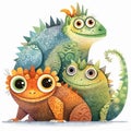 Colorful chameleons on a white background. Cartoon illustration in watercolor style. Generative AI