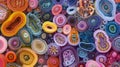 A colorful and chaotic image of various nematode and trematode eggs each with a unique shape and pattern resembling a Royalty Free Stock Photo
