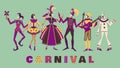 Colorful characters of the Venetian carnival. Theater actors in carnival costumes.