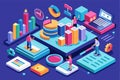 Colorful charts and graphs illustrate data analysis with professionals engaging in various tasks on digital devices in a vibrant Royalty Free Stock Photo