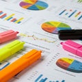 Colorful charts and graphs on papers include pie charts and bar graphs with varied