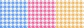 Colorful check plaid pattern set. Geometric houndstooth background texture in bright blue pink, yellow, white.