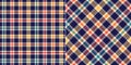 Colorful check plaid pattern tweed in navy blue, red, orange, yellow, beige. Seamless small herringbone tartan for dress, jacket.