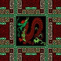 Colorful checkered seamless asian style pattern with chinese traditional ornamental red and green dragon and meanders borders Royalty Free Stock Photo