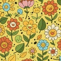 Colorful, cheerful flowers with smiling faces create a playful, animated pattern.