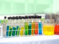 Colorful chemical substance in the clear test tube and flask Royalty Free Stock Photo