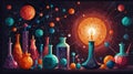 Colorful Chemistry Laboratory with Flasks and Molecule Models in a Cosmic Setting Royalty Free Stock Photo