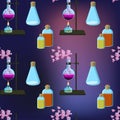 Colorful chemistry scientific seamless pattern with chemical equipment, reagents and reactions