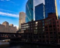 Colorful Chicago evening in winter at Lake Street`s elevated `el` train track over the river.