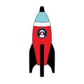 Colorful child rocket, blue and red space ship. Cute illustration for prints, stickers, cards and other kid`s designs