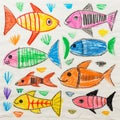 Colorful Child\'s Drawings Of Swimming Fish On Colored Paper Royalty Free Stock Photo