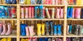 Colorful childeren rain boots cabinet Royalty Free Stock Photo