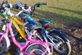 Colorful children bikes in the park on March, 7th 2021 in Regensburg, Germany