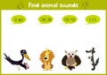 Colorful children cartoon game education puzzle for children on the theme of the study of the sounds of the wild animals of the fo