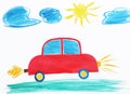 Colorful children painting of red car