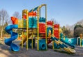 Colorful children playground park. Children`s slides and playground made of plastic material Royalty Free Stock Photo
