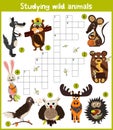 A colorful children's cartoon crossword, education game for children on the theme of exploring different species of wild animals o